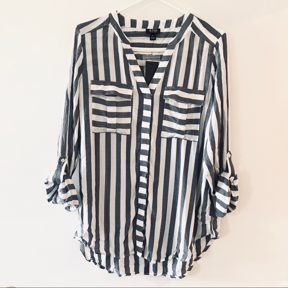 Gray and White Striped Button Down Top